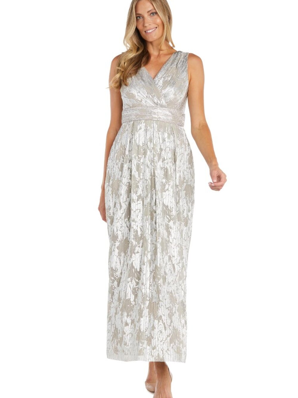 R&M Richards Women's Long Metallic Foil Print Pleated Wrap Dress W/V-Neck & Rhin
